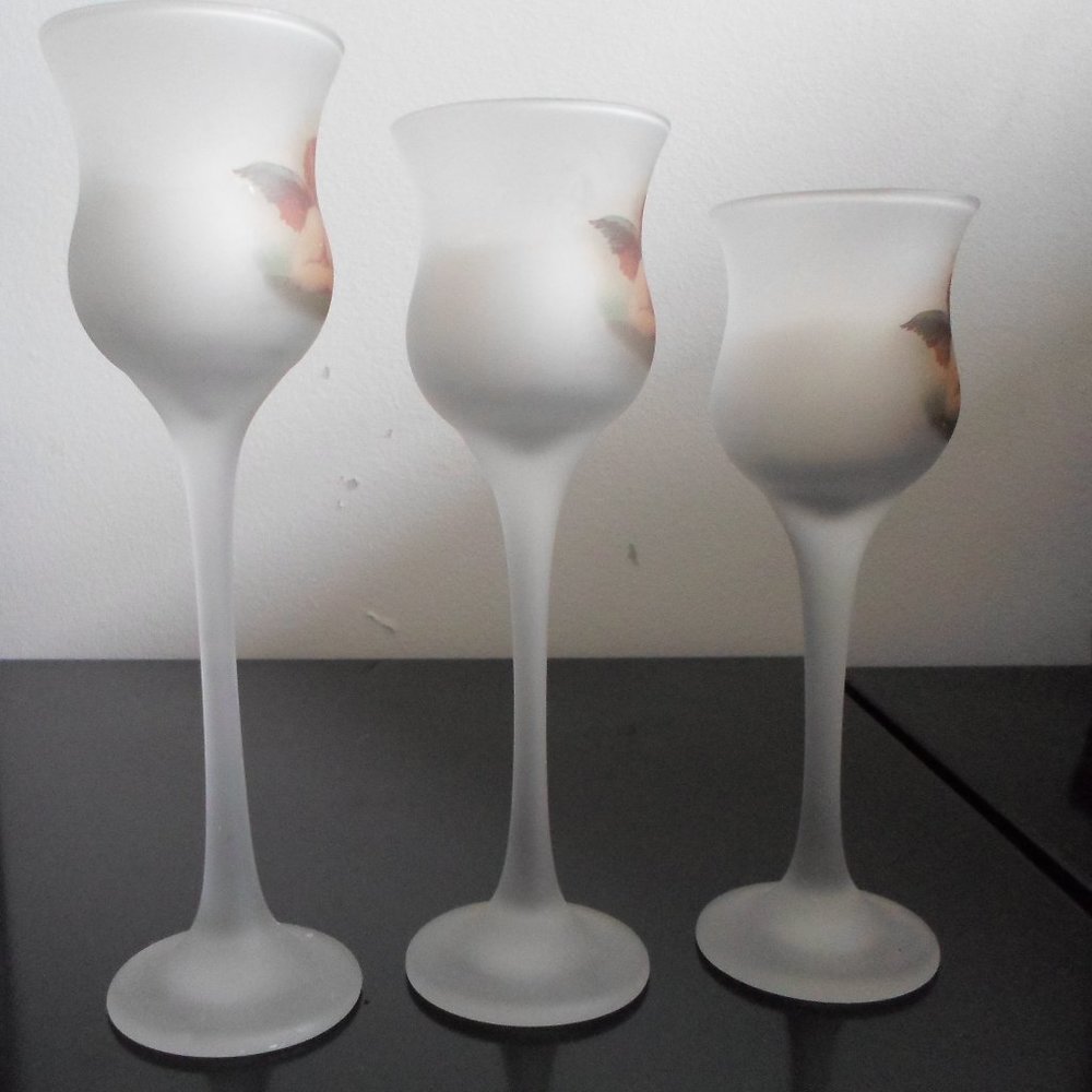 Frosted Stemmed Glass Cherub Candleholders – Set of 3 - Picture 4 of 5